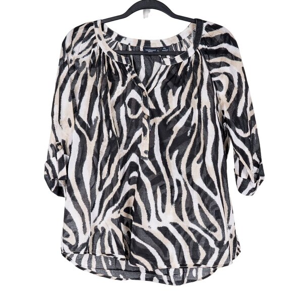 Westbound Tops - Westbound Zebra Print Shirt PL Petite L Sheer VNeck Black Cream Roll Tab Sleeve